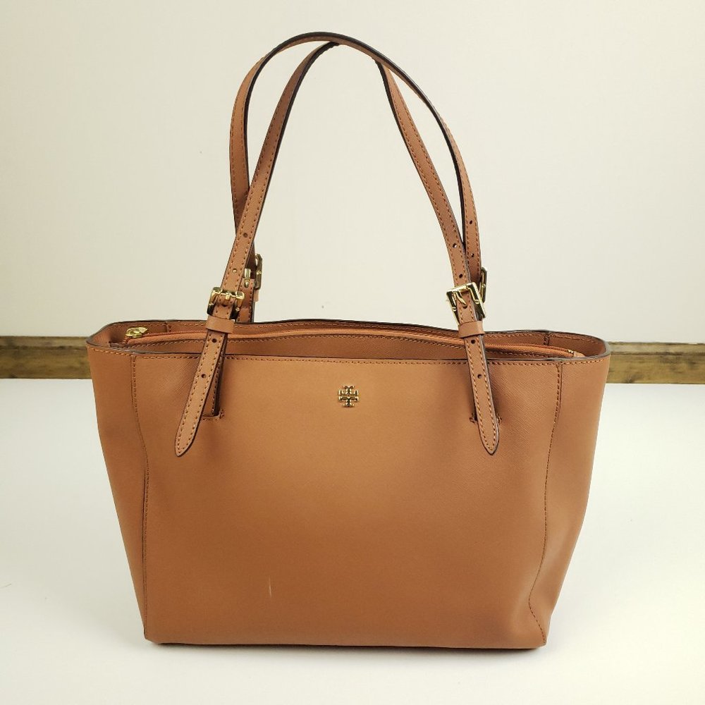 Tory Burch Saddle Brown Shoulder Bag York Buckle Tote Purse Gold Hardware 9"x15"